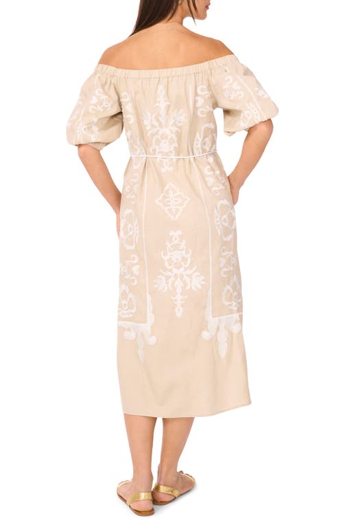 Vince Camuto Embroidered Off The Shoulder Linen Blend Dress In Brown