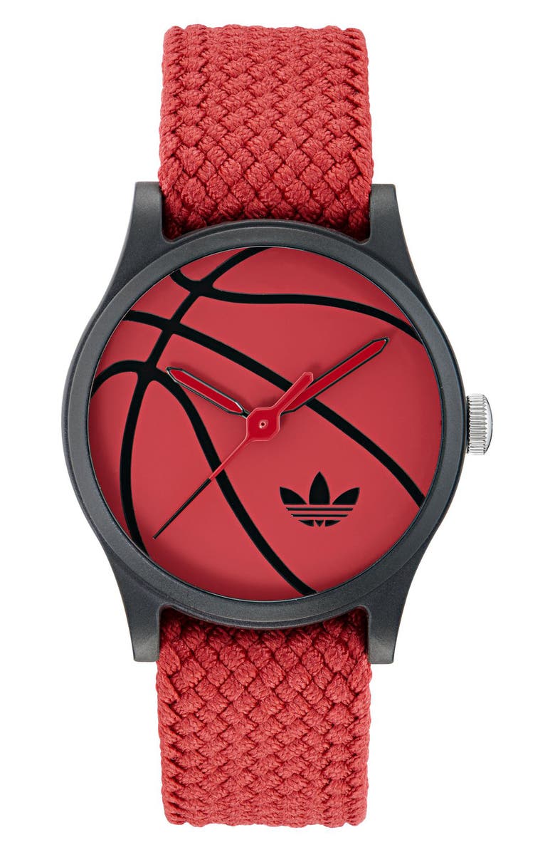 adidas AO Style Red Basketball Dial Webbing Strap Watch, 39mm, Main, color, Red