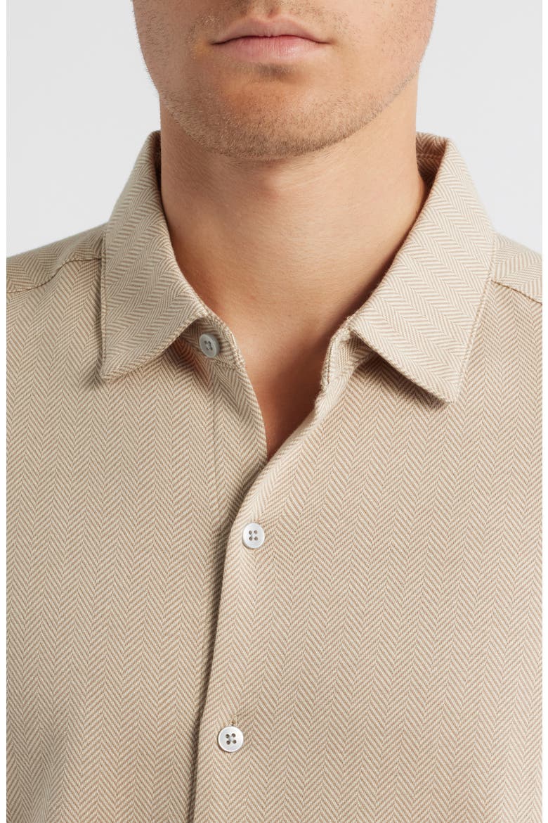 Nino Herringbone Short Sleeve Cotton Knit Button-Up Shirt, Alternate, color, BEIGE
