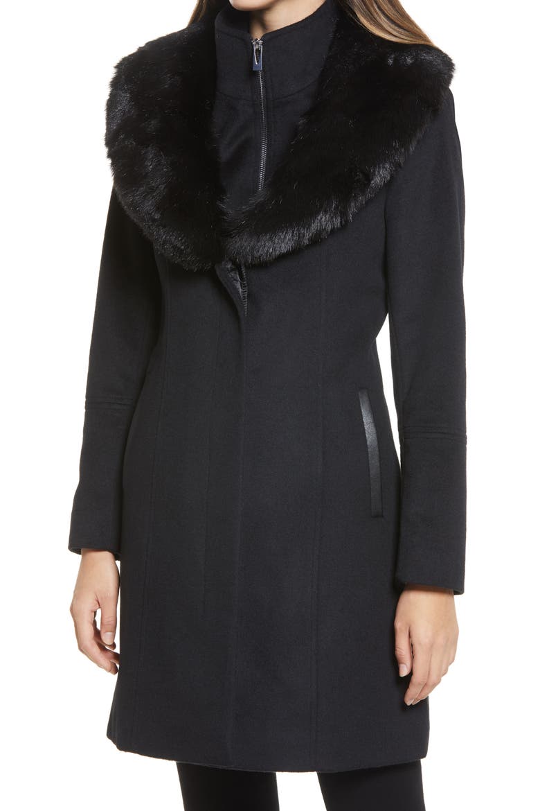Faux Fur Collar Wool Blend Coat, Alternate, color, BLACK