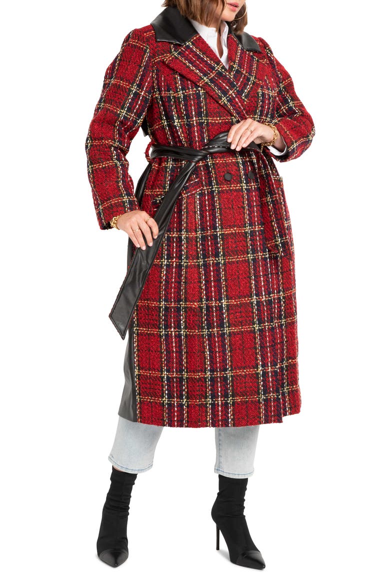 Mixed Media Plaid & Faux Leather Coat, Main, color, BLACK/ RED PLAID