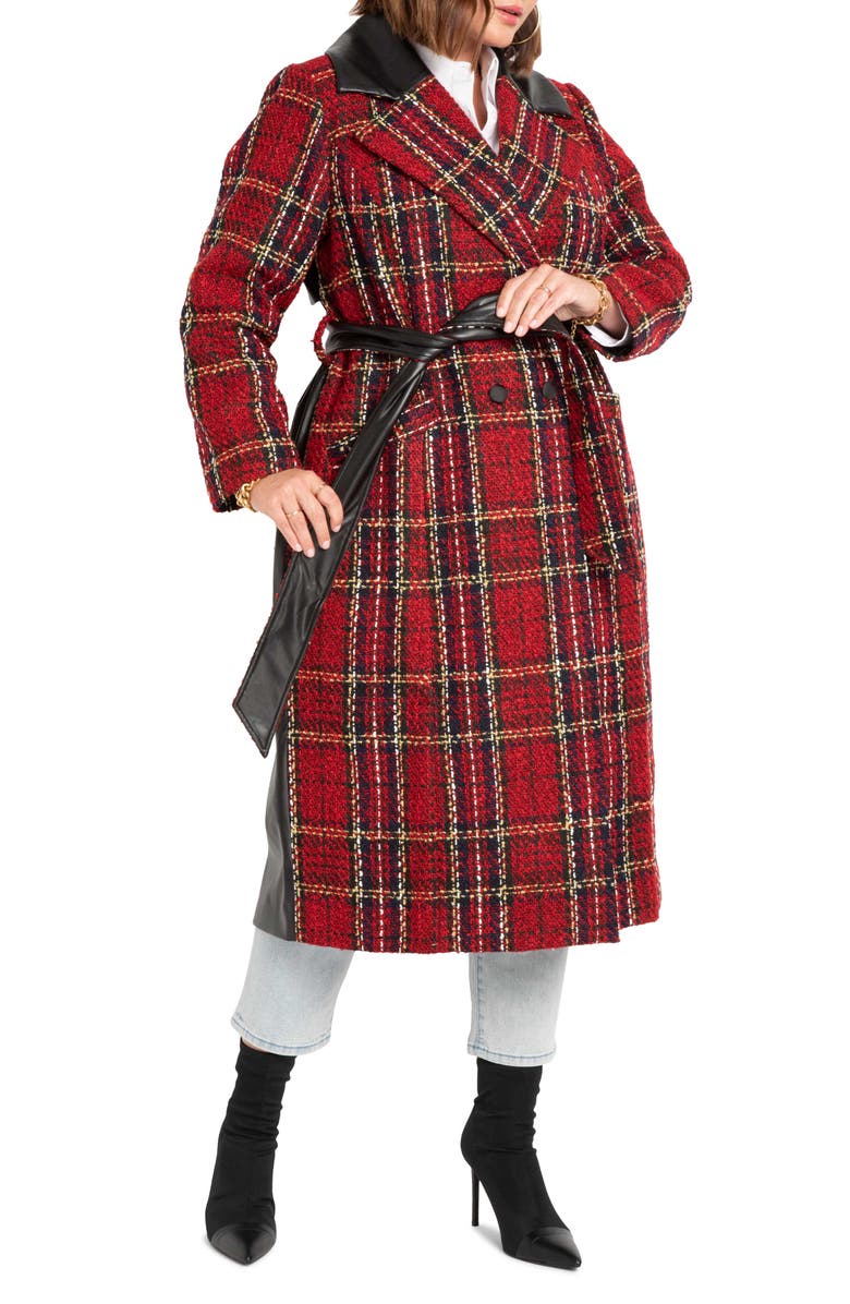 ELOQUII Mixed Media Plaid & Faux Leather Coat, Main, color,