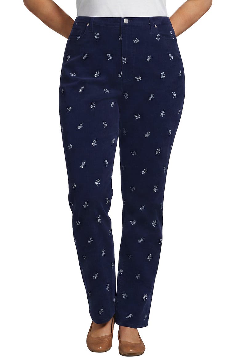 Plus Size Fine Wale Corduroy High Rise Straight Leg Pants, Main, color, Embroidery/Deep Sea Navy