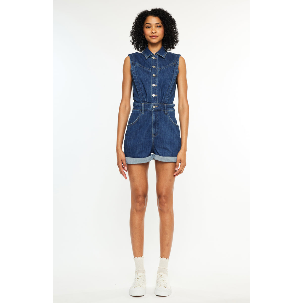 Kancan Maite Sleeveless Denim Romper In Blue