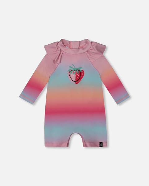 Baby Girl's Long Sleeve One-Piece Rashguard Pink, Orange, And Turquoise