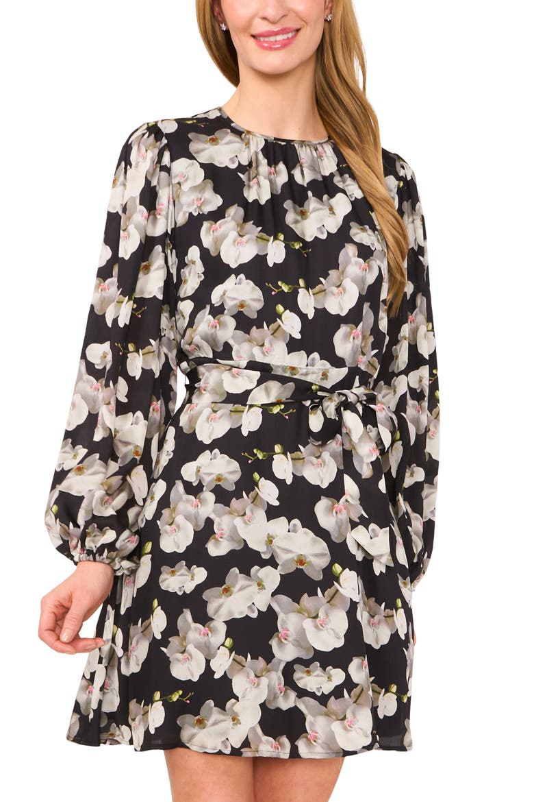 Floral Long Sleeve Dress, Alternate, color, RICH BLACK