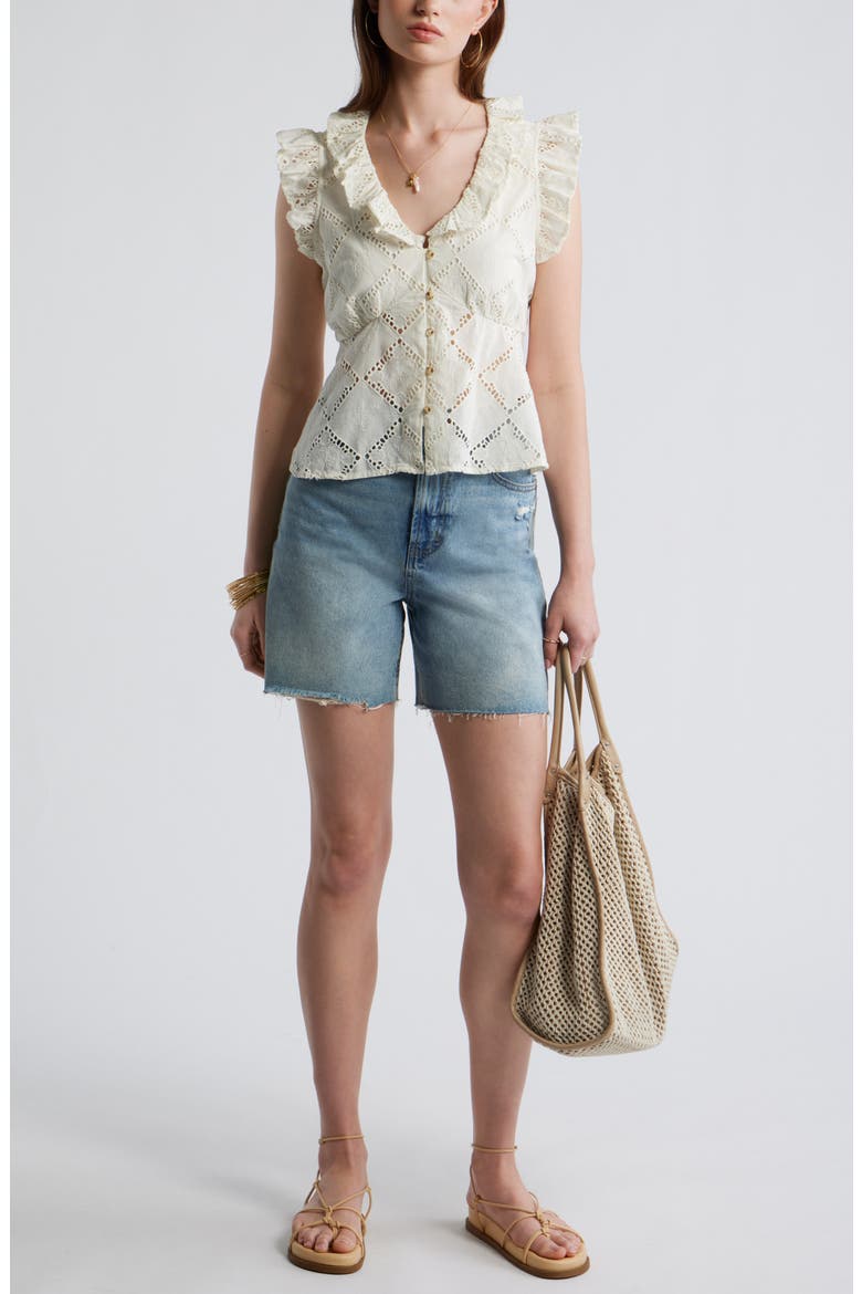 Open Cutwork Ruffle Trim Button-Up Top, Alternate, color, IVORY EGRET