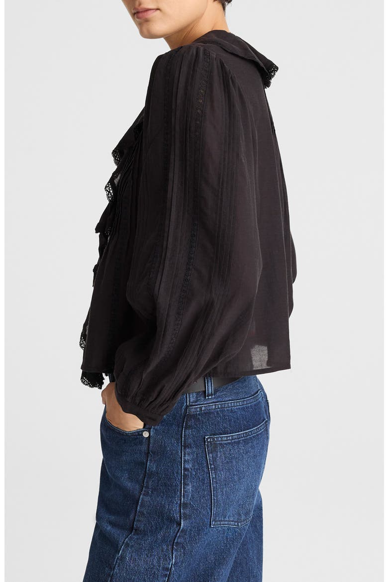 Lace Insert Ruffle Pintuck Long Sleeve Top, Alternate, color, JET BLACK