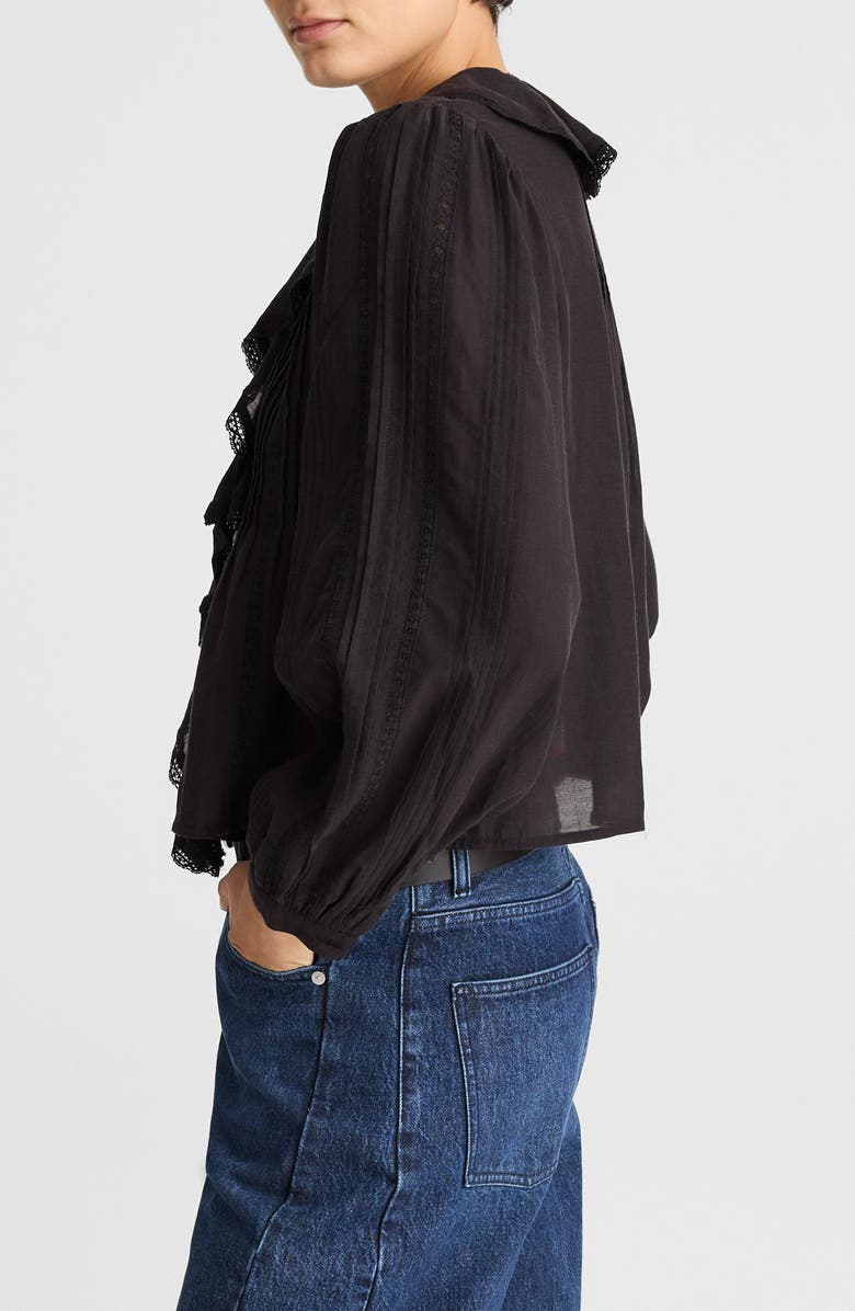 Madewell Lace Insert Ruffle Pintuck Long Sleeve Top, Alternate, color, Jet Black