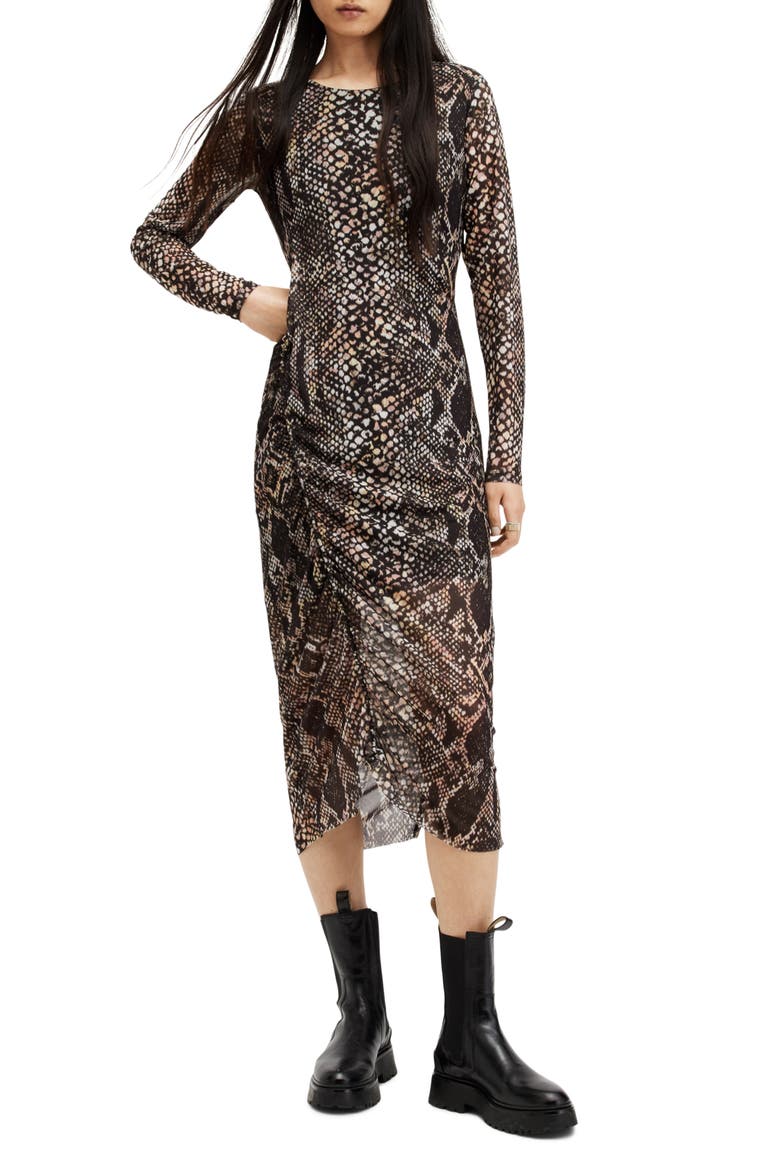 Nora Waimea Snakeskin Print Long Sleeve Dress, Main, color, BLACK