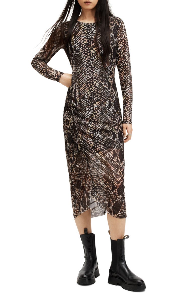 AllSaints Nora Waimea Snakeskin Print Long Sleeve Dress, Main, color,