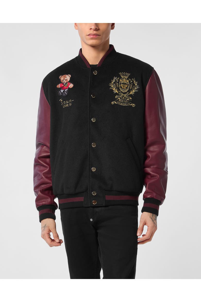 Leather And Wool Varsity Bomber Jacket Teddy Bear Men, Main, color, black