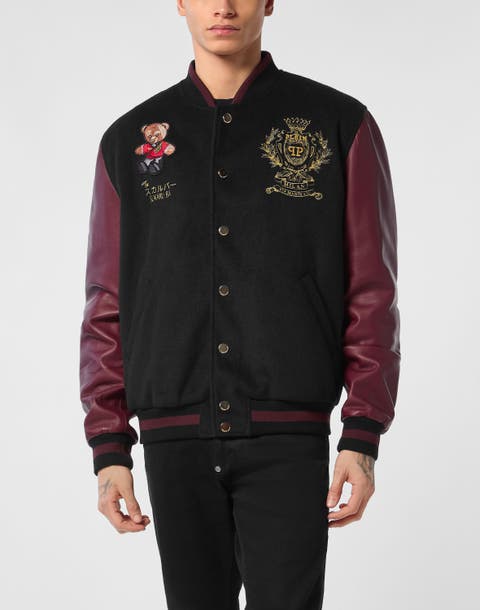 Leather And Wool Varsity Bomber Jacket Teddy Bear Men
