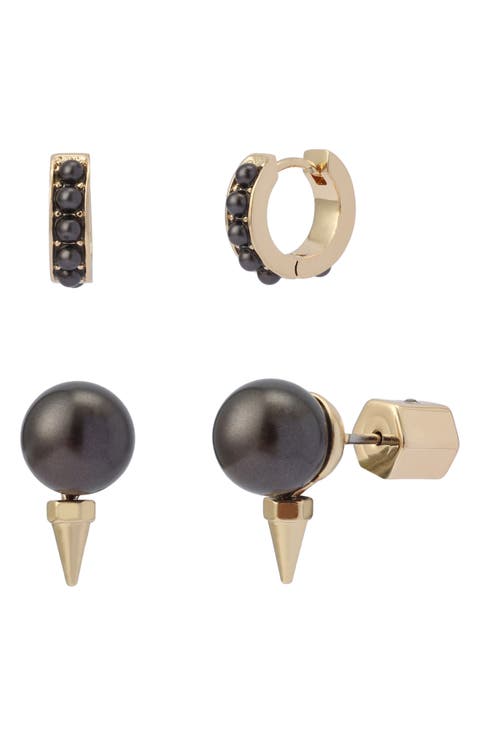 Spike Faux Pearl Stud & Hoop Earrings Set