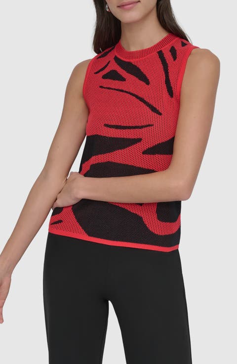 Abstract Floral Jacquard Sleeveless Cotton-Blend Sweater
