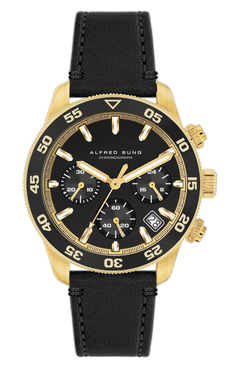 Alfred Sung Chronograph III Leather Strap Watch, 41mm, Main, color, Black Strap/Black Dial