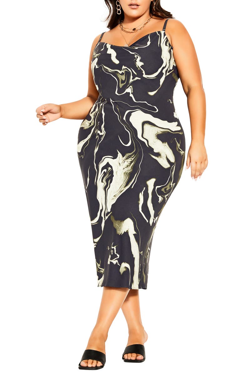 City Chic Avalie Marble Print Cowl Neck Midi Dress, Main, color, 