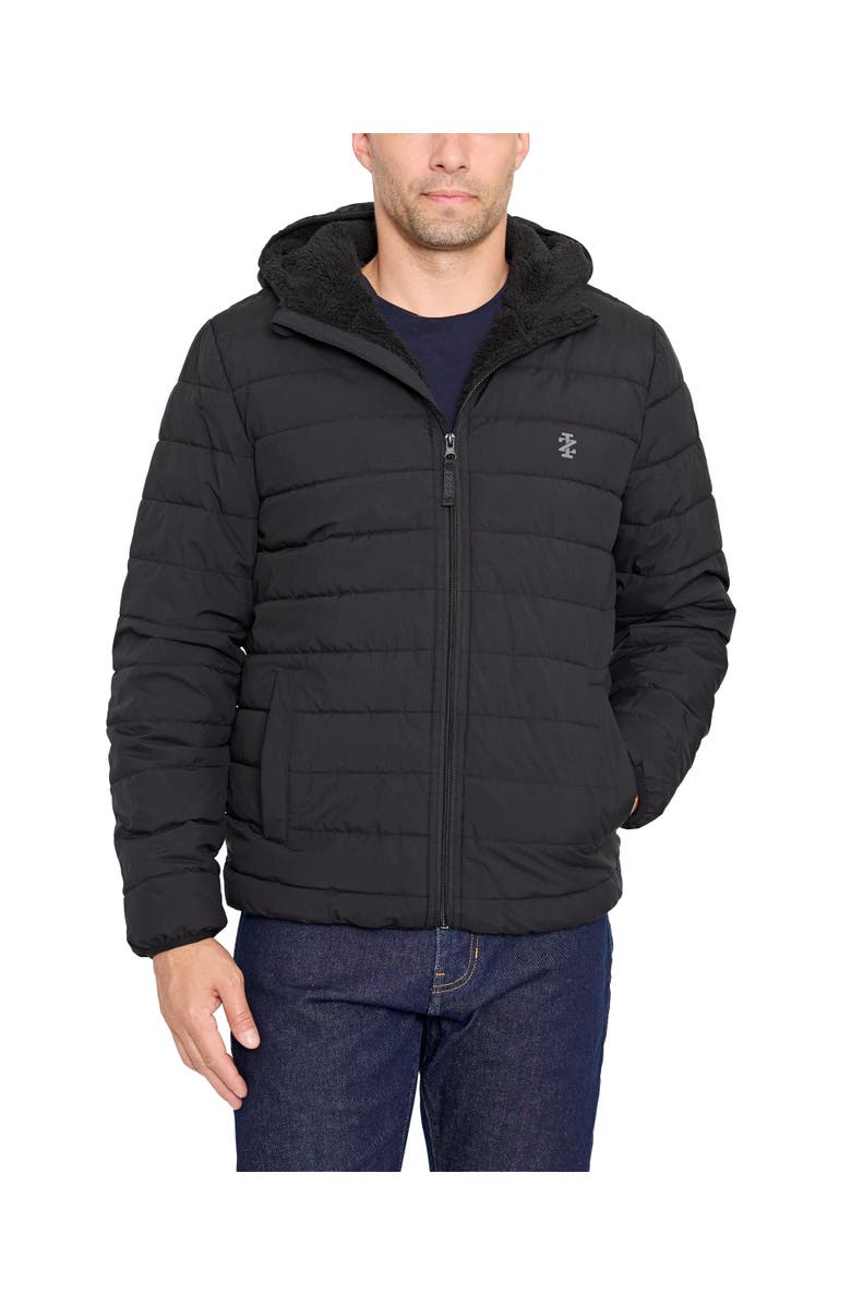 IZOD Men's Hooded Stretch Puffer Jacket With Fleece Lining, Main, color, Black