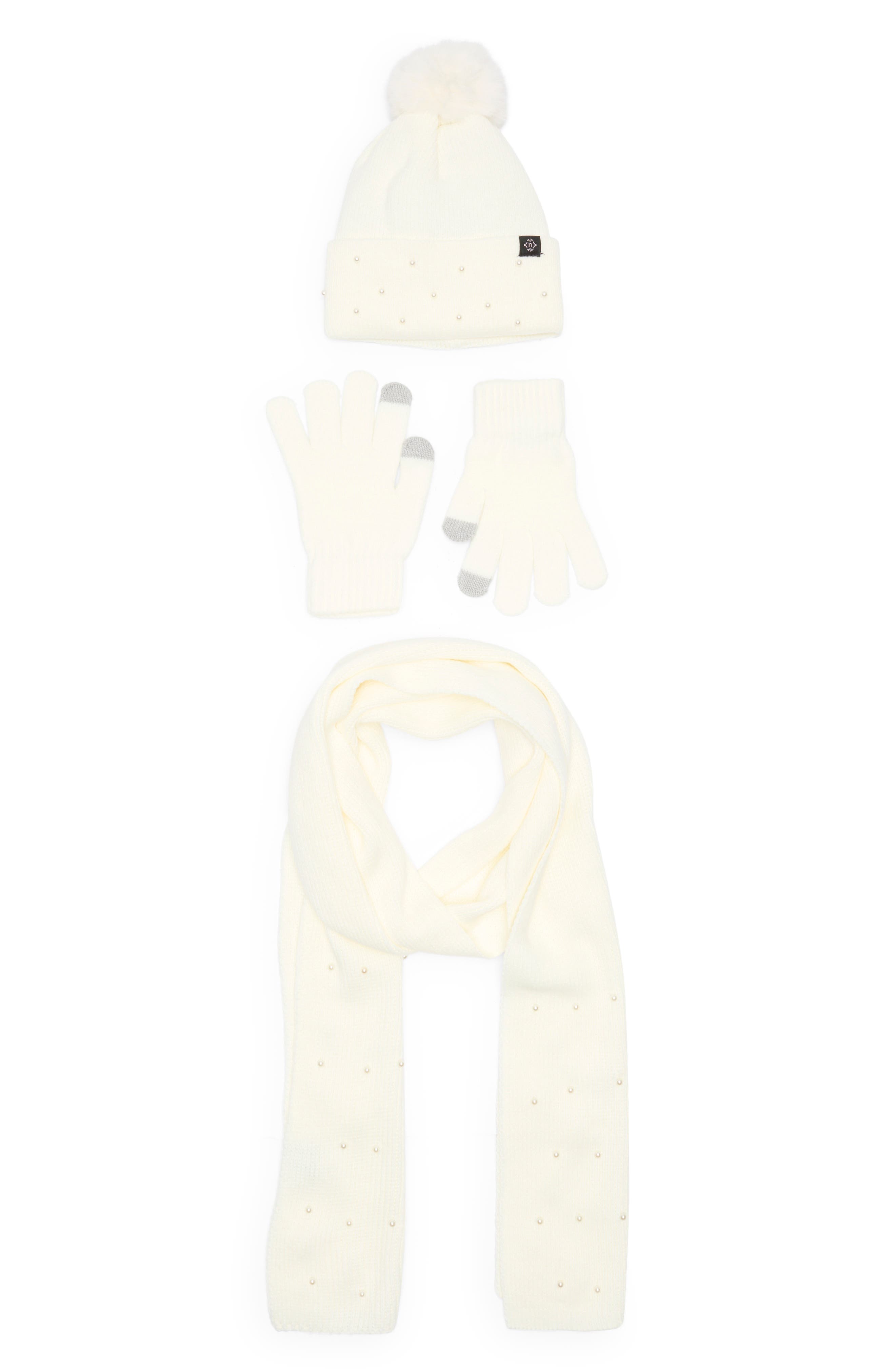 Nanette Lepore 3-Piece Faux Pearl Scarf, Beanie & Gloves Set