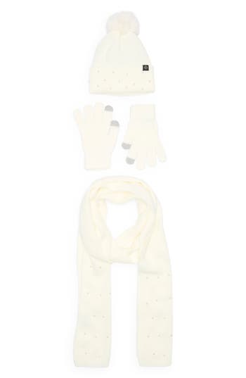 Nanette Lepore 3-piece Faux Pearl Scarf, Beanie & Gloves Set In White