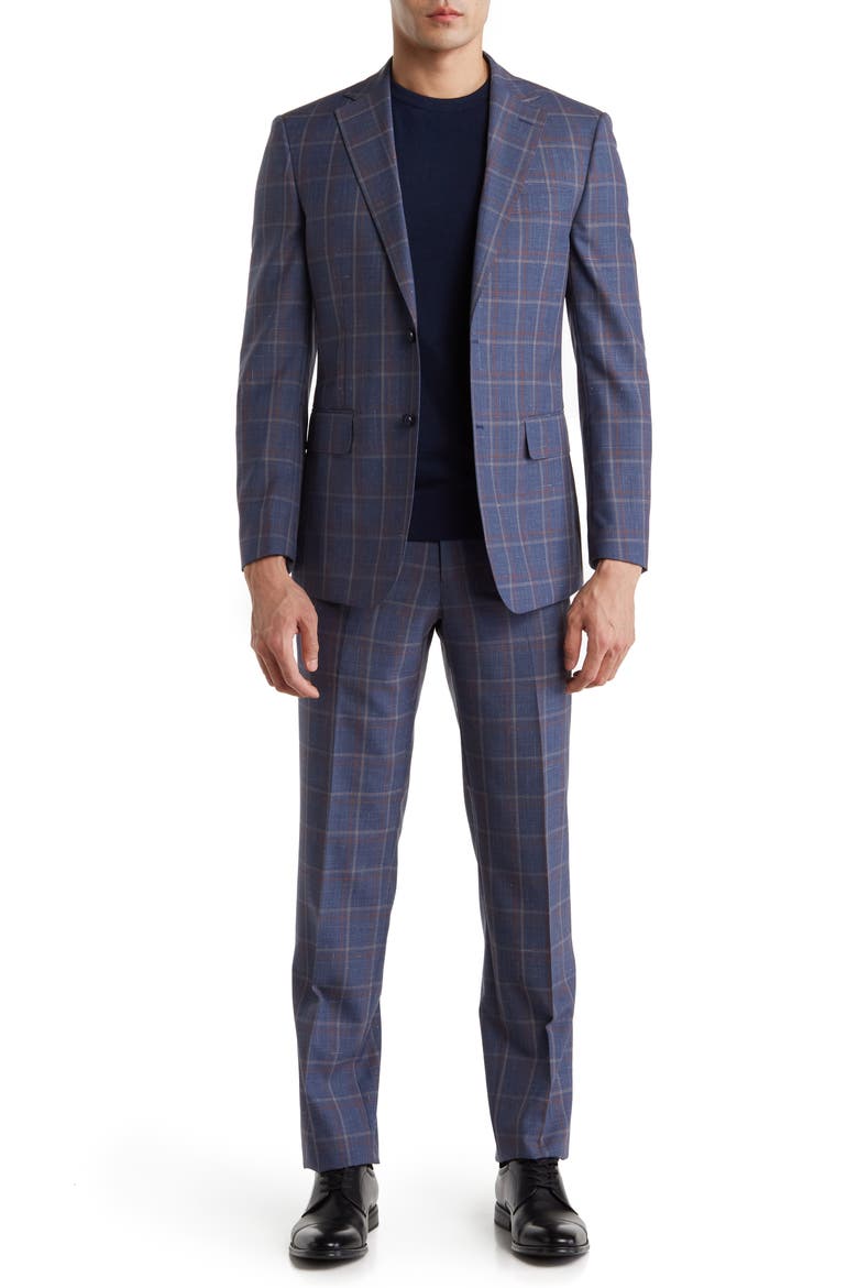 Plaid Two Button Notch Lapel Trim Fit Wool Blend Suit, Main, color, BLUE