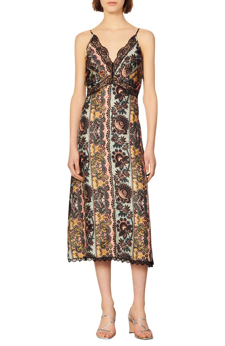 SANDRO Luana Mix Print Silk Midi Dress, Main, color,