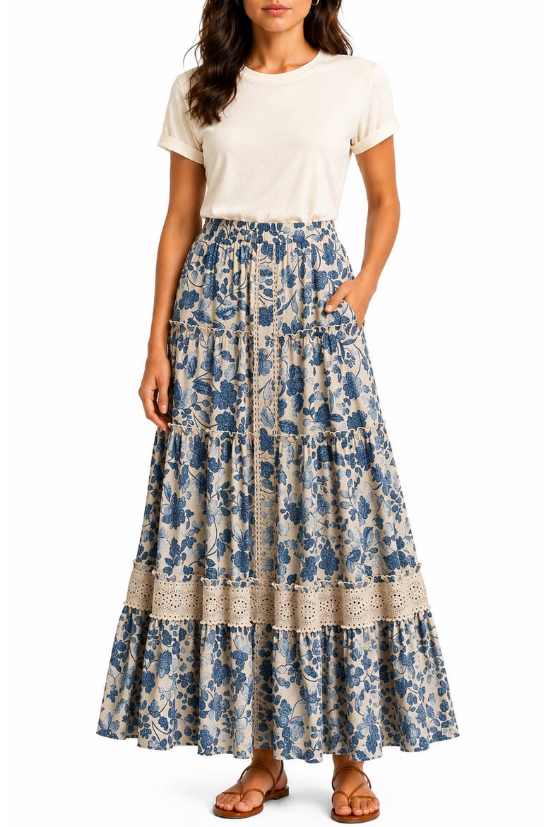 Floral Print Tiered Skirt, Main, color, SAND