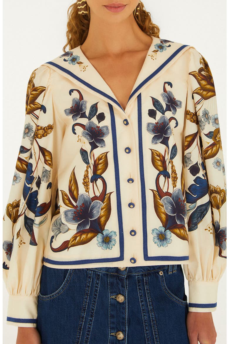 Golden Nature Floral Sailor Collar Button-Up Top, Main, color, GOLDEN NATURE CREAM