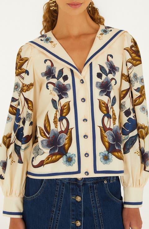 Golden Nature Floral Sailor Collar Button-Up Top