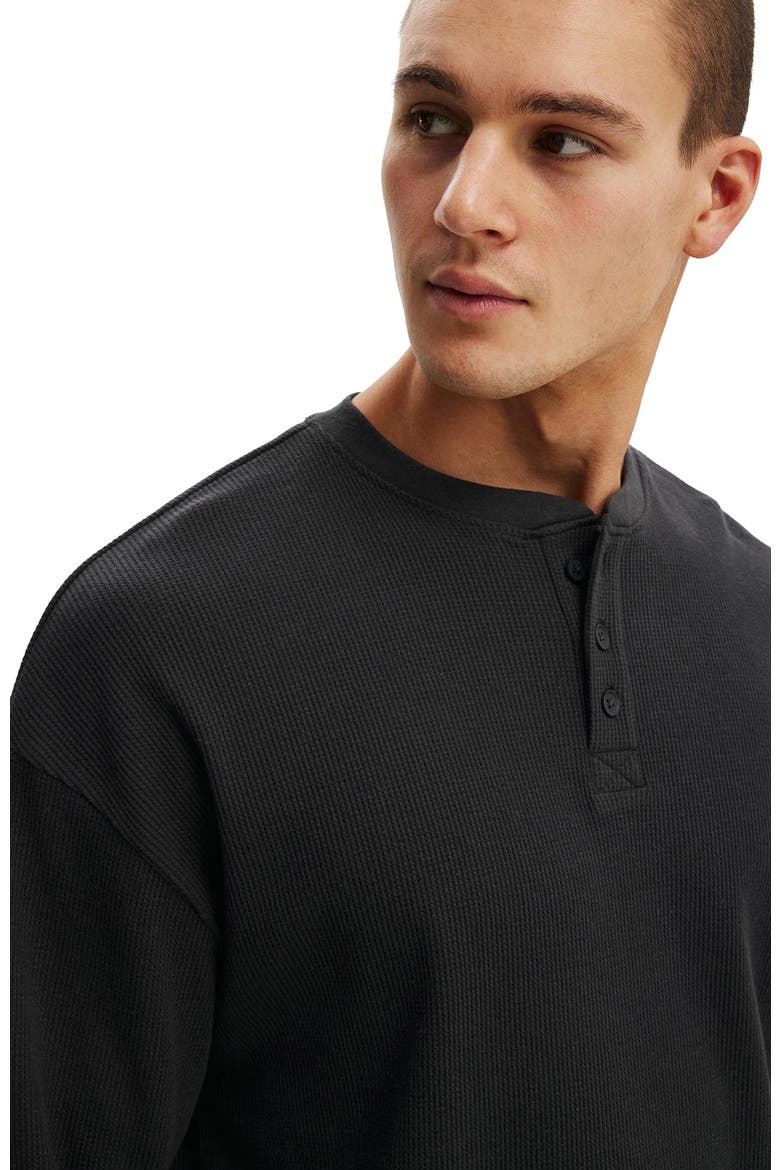 Men's Relaxed Fit Textured Henley Long Sleeve, Alternate, color, Washed Black Waffle