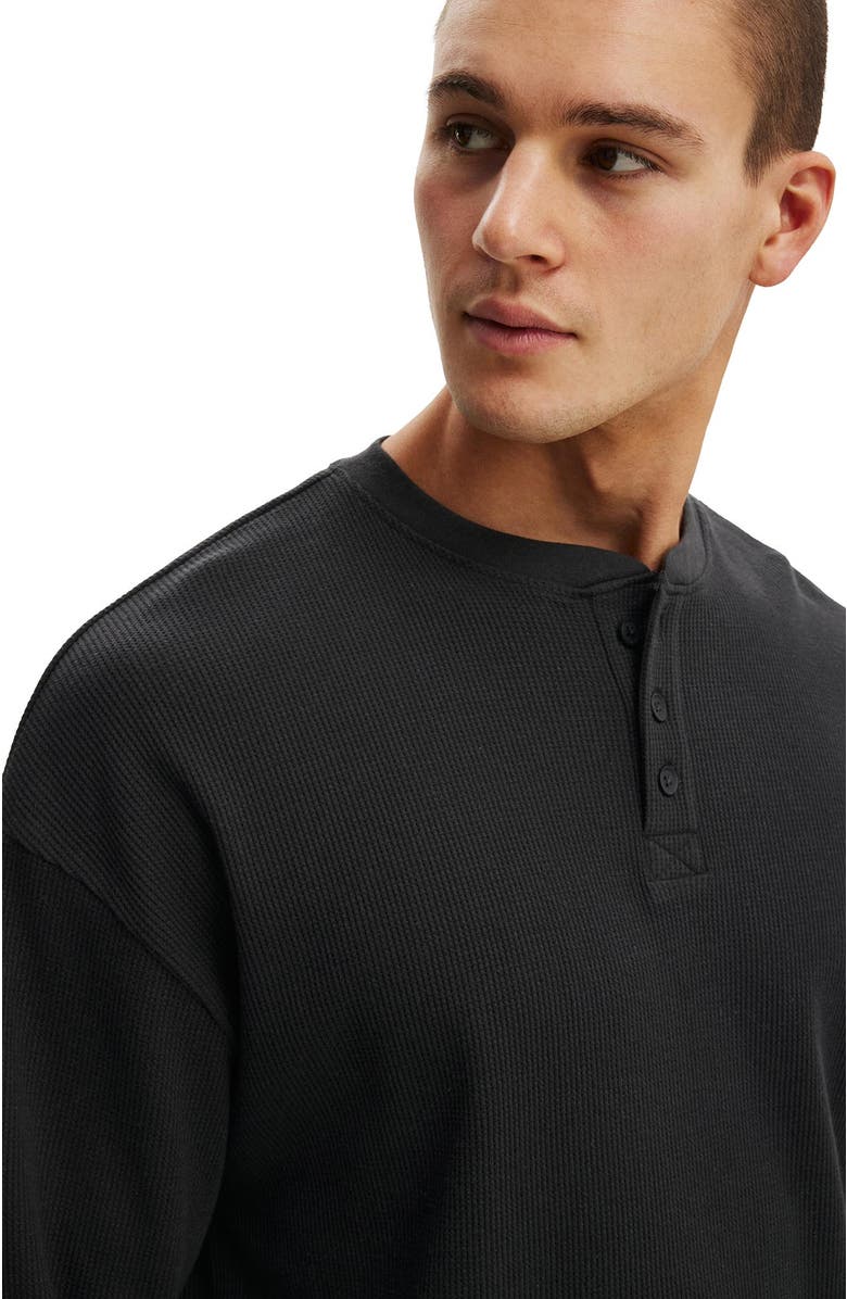 Cotton On Men's Relaxed Fit Textured Henley Long Sleeve, Alternate, color, Washed Black Waffle