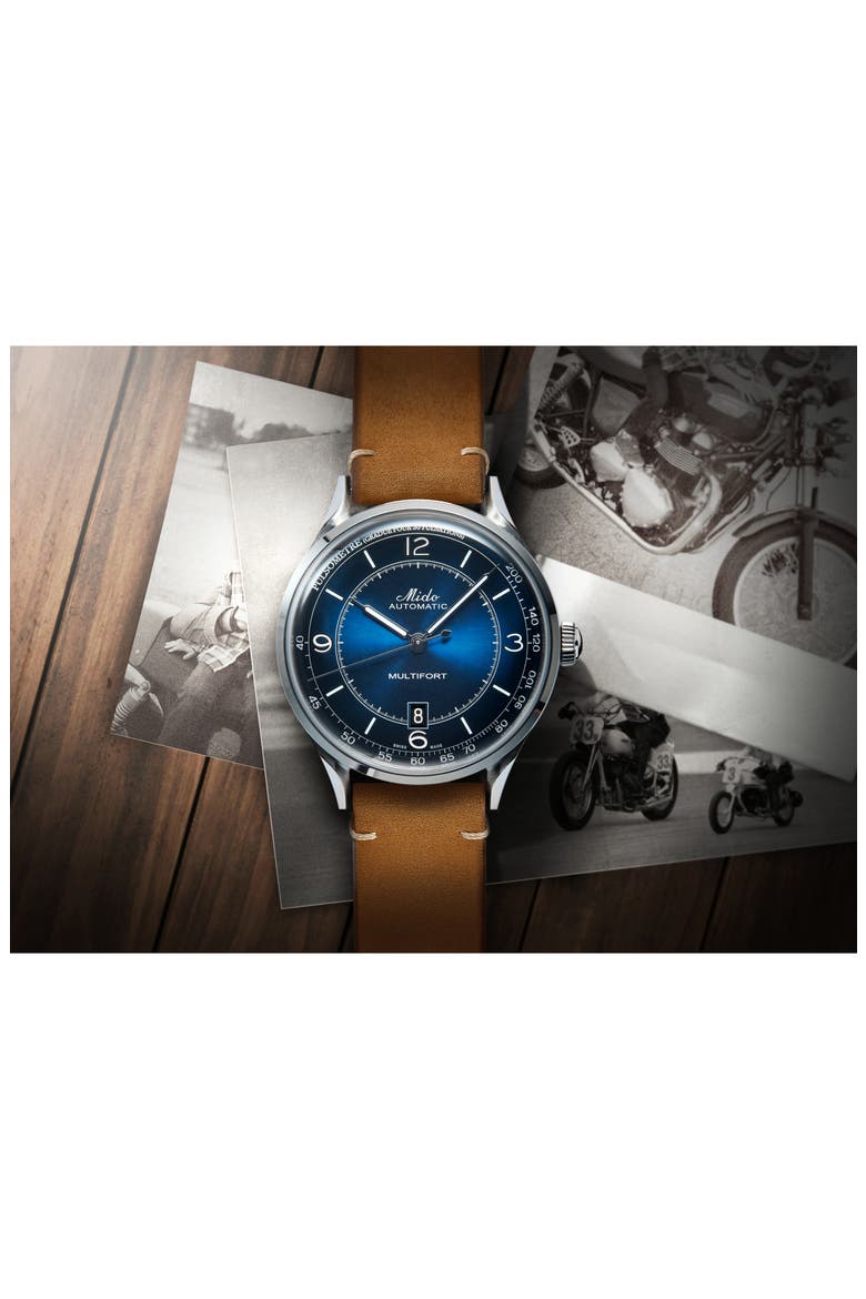 Multifort Pulsemeter Automatic Leather Strap Watch, 40mm, Alternate, color, BROWN/ BLUE/ SILVER