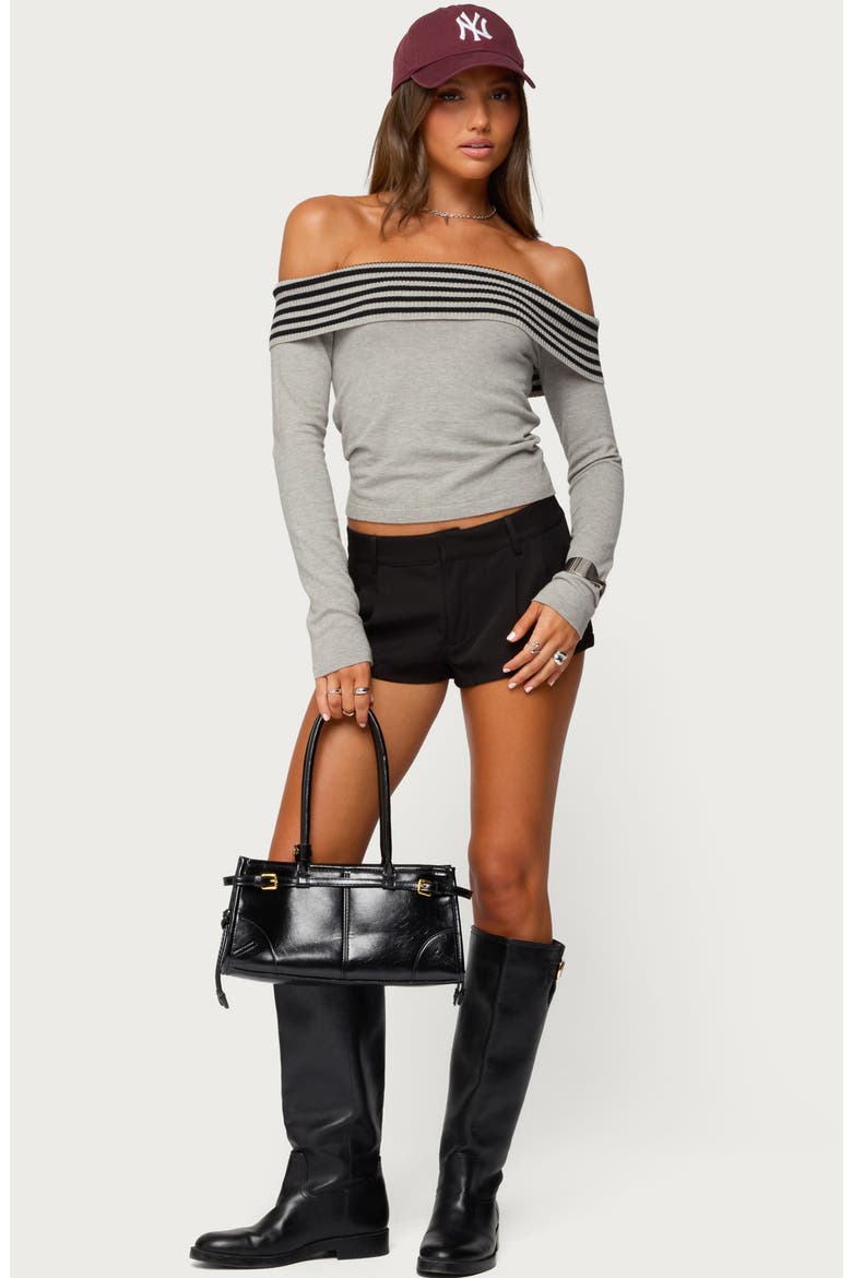 Leetal Stripe Foldover Off the Shoulder Long Sleeve Top, Alternate, color, GRAY-MELANGE
