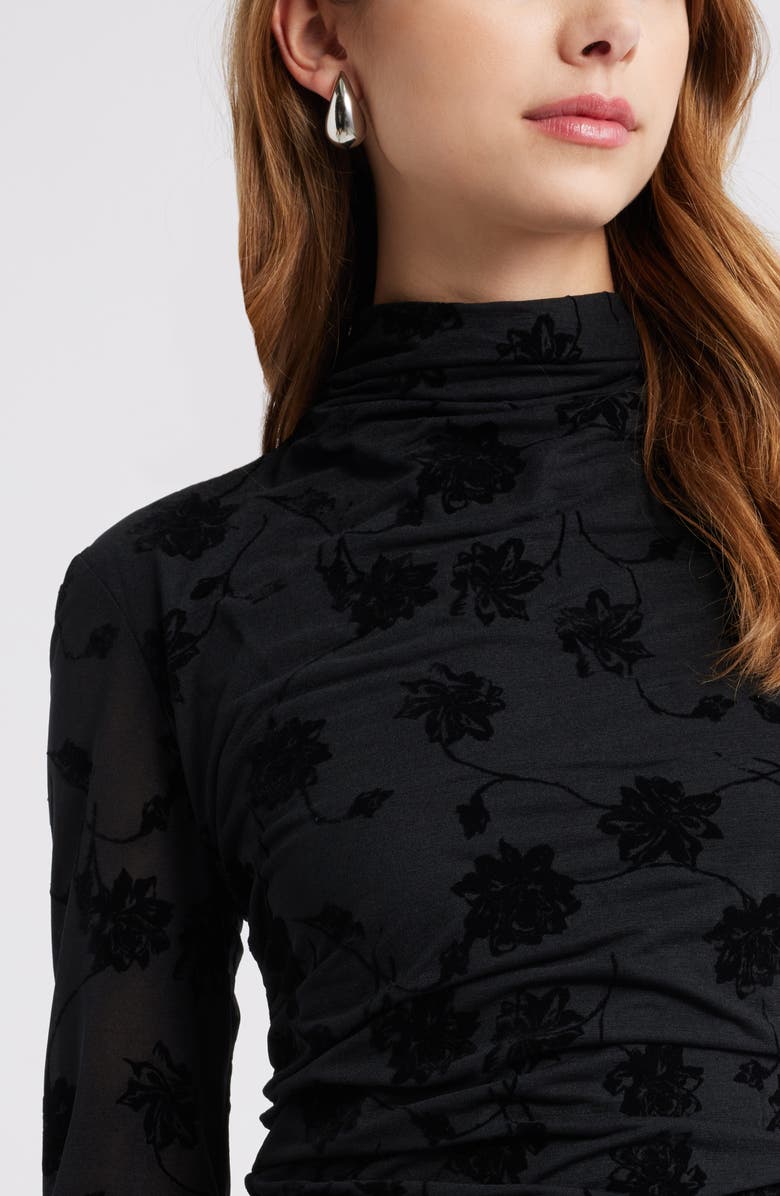 Open Edit Flocked Floral Long Sleeve Dress, Alternate, color, 