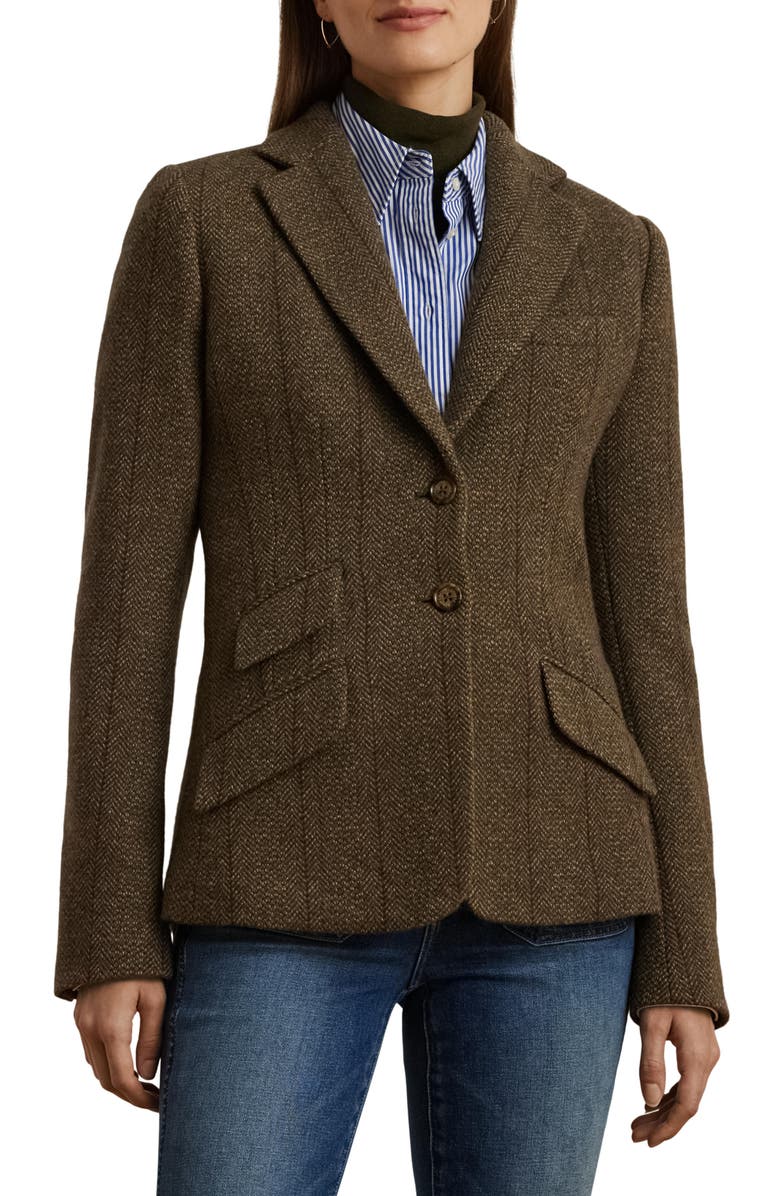 Lauren Ralph Lauren Wool Blend Herringbone Tweed Blazer, Main, color, Olive Multi