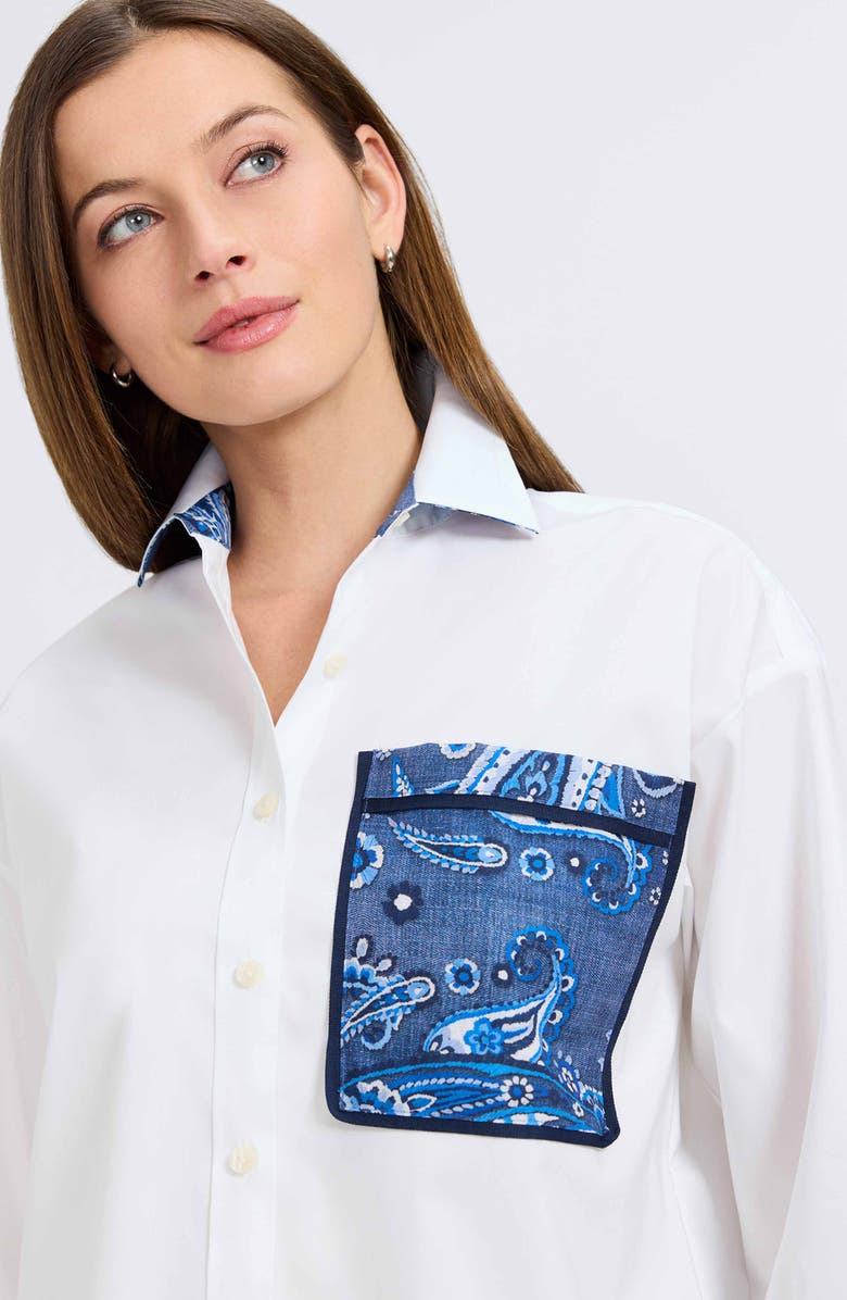 Foxcroft Marina Contrast Trim Cotton Button-Up Shirt, Alternate, color, White/ Multi