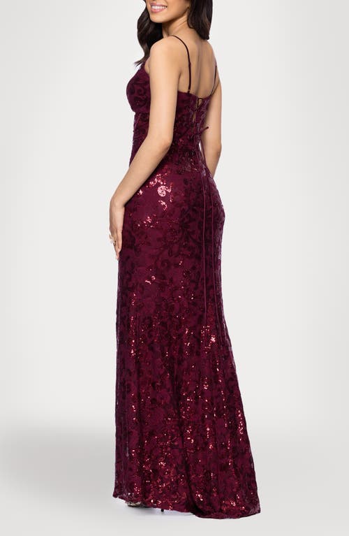 Blondie Nites Sequin Tapestry Sheath Gown In Burgundy