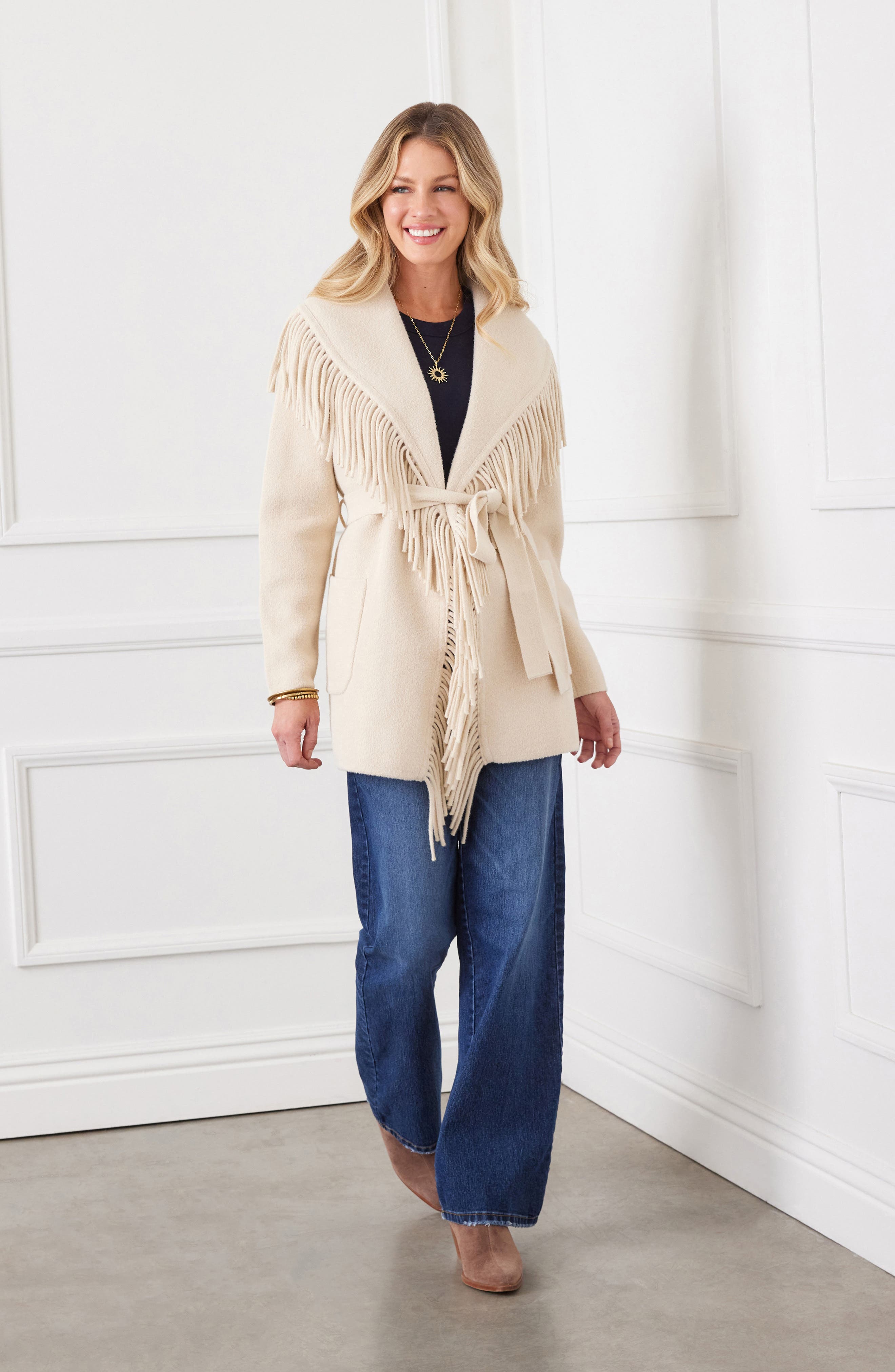 Karen Kane Fringe Trim Belted Sweater Coat (Women) | Nordstrom
