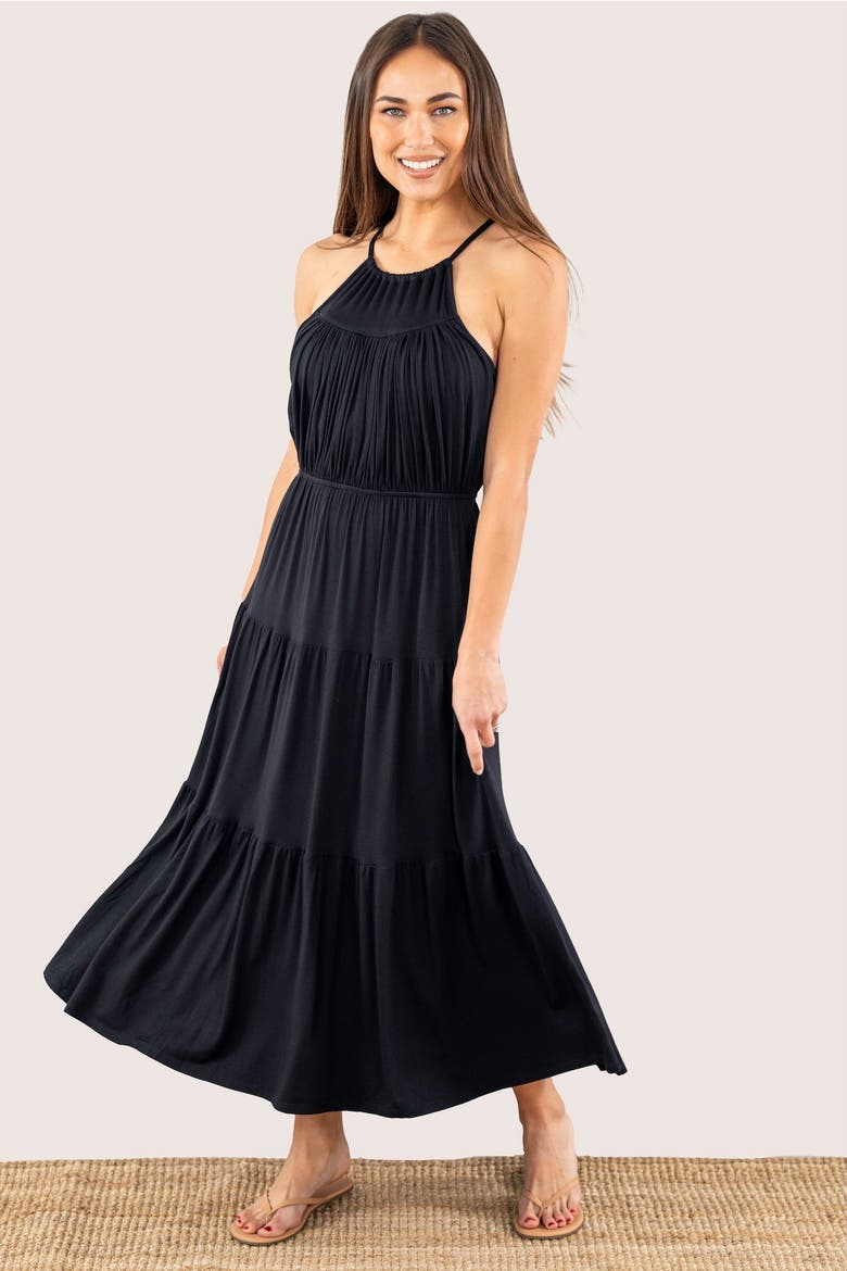 Bon Voyage Built-In Shelf Tiered Midi Dress, Main, color, Black
