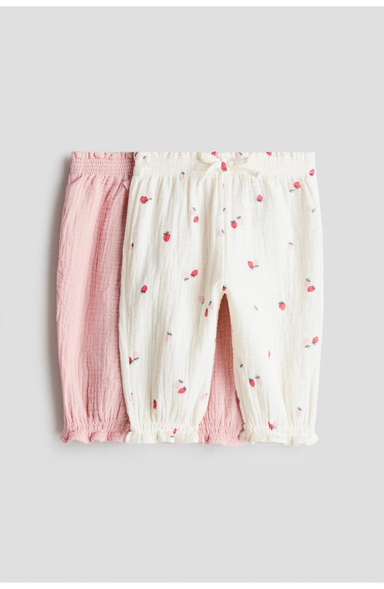 H&M 2-pack Cotton Muslin Trousers, Main, color, White/Strawberries