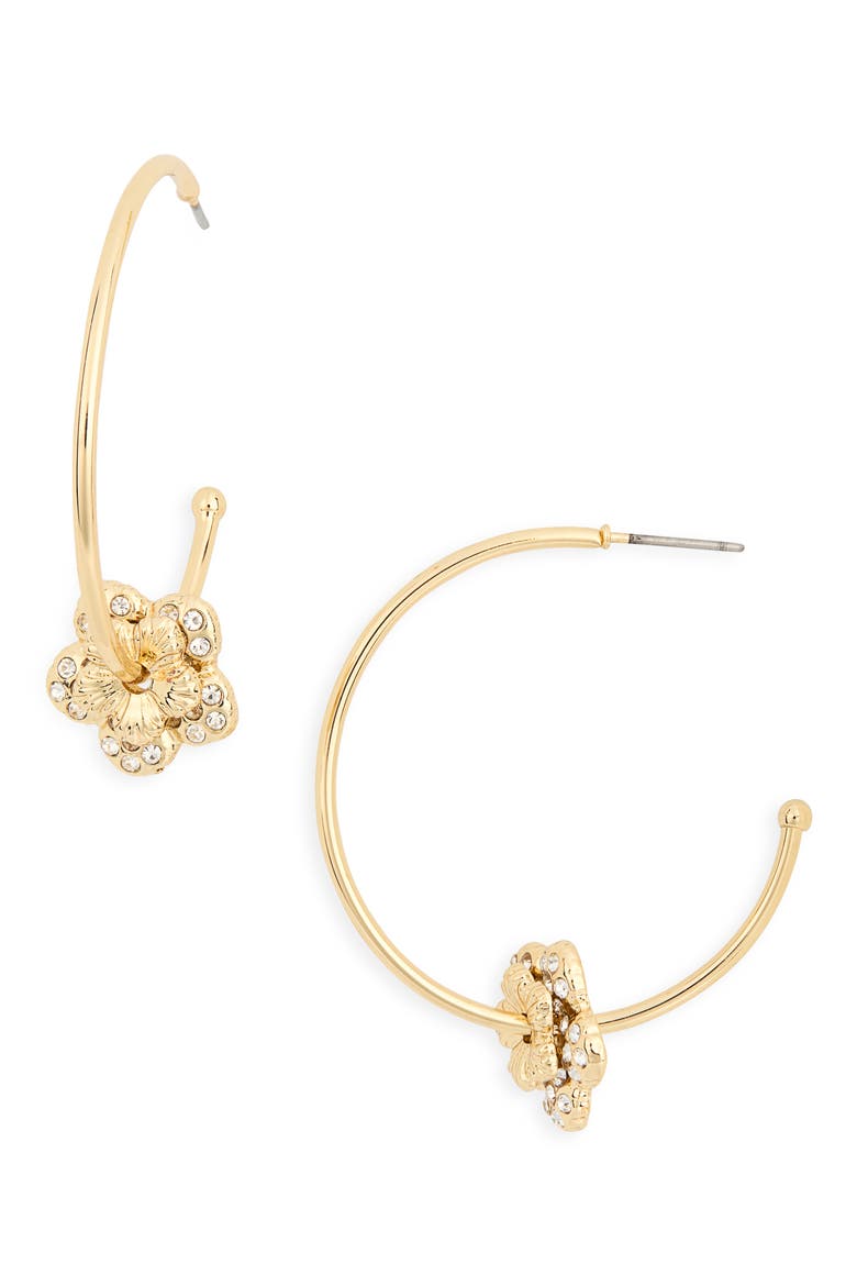 Flower Detail Hoop Earrings, Main, color, GOLD