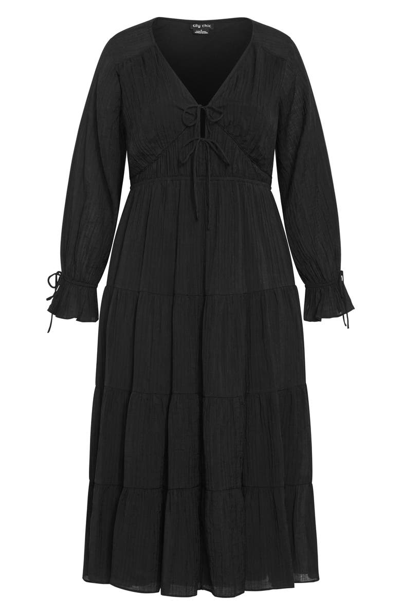 City Chic Jojo Plissé Long Sleeve Midi Dress, Alternate, color, Black