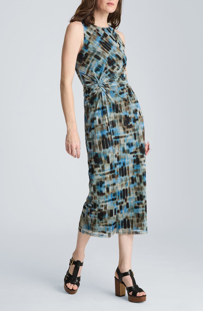 Kenneth Cole Abstract Print Side Ruched Mesh Dress, Main, color, Lake Blue Multi