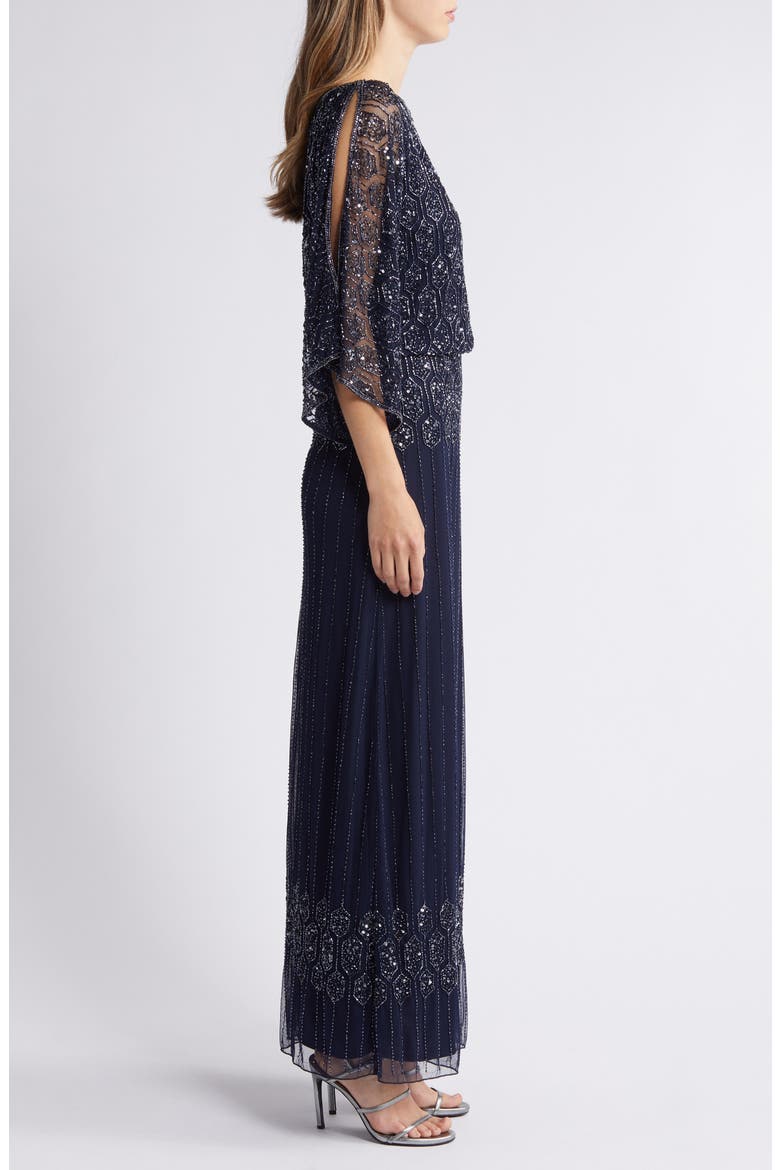 Beaded Blouson Split Sleeve Gown, Alternate, color, NAVY