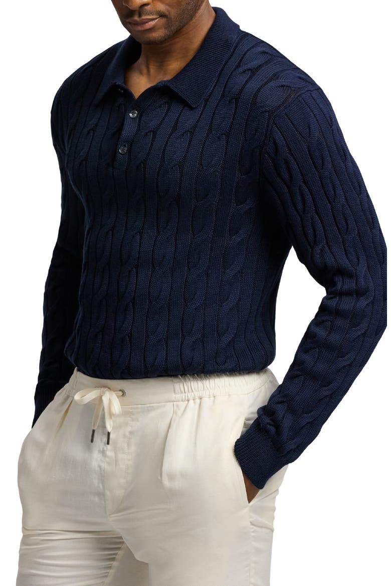 Cable Stitch Long Sleeve Cotton & Mulberry Silk Polo Sweater, Alternate, color, CLASSIC CHAIRMAN NAVY