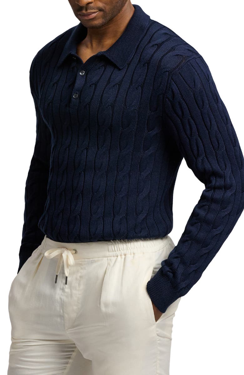 Ralph Lauren Purple Label Cable Stitch Long Sleeve Cotton & Mulberry Silk Polo Sweater, Alternate, color, Classic Chairman Navy