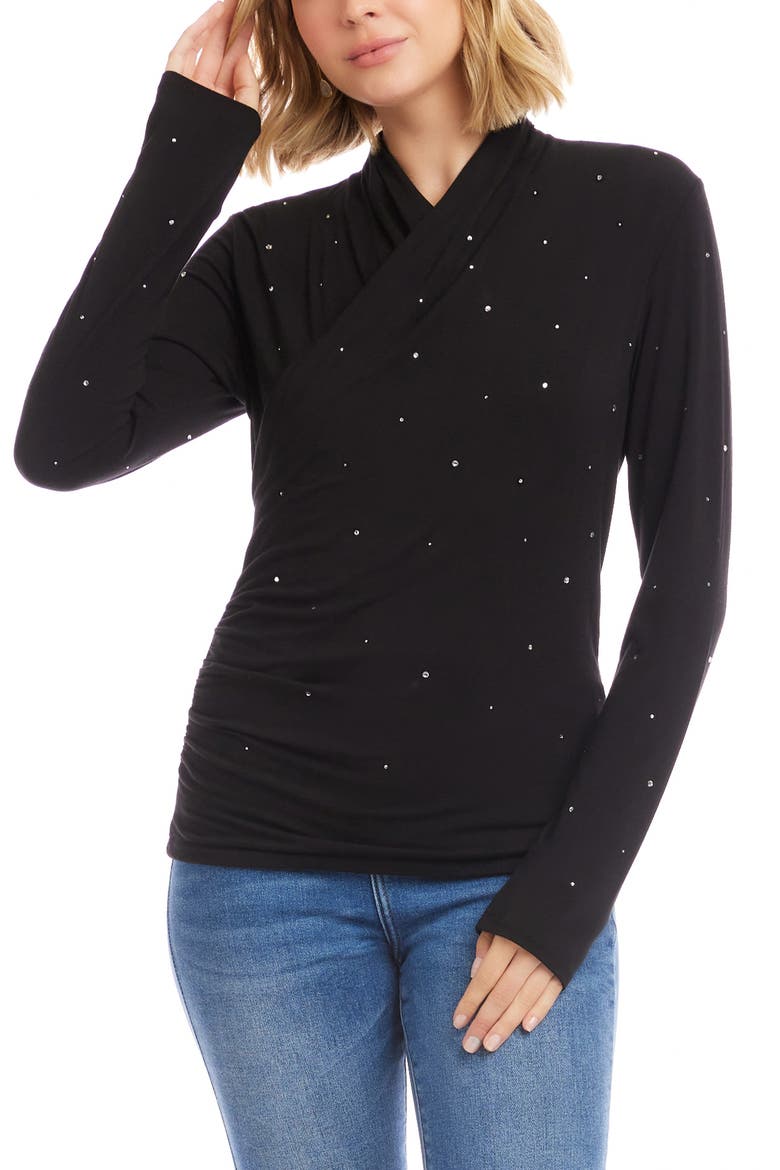 Rhinestone Drape Front Faux Wrap Top, Main, color, BLACK