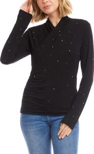 Karen Kane Rhinestone Drape Front Faux Wrap Top