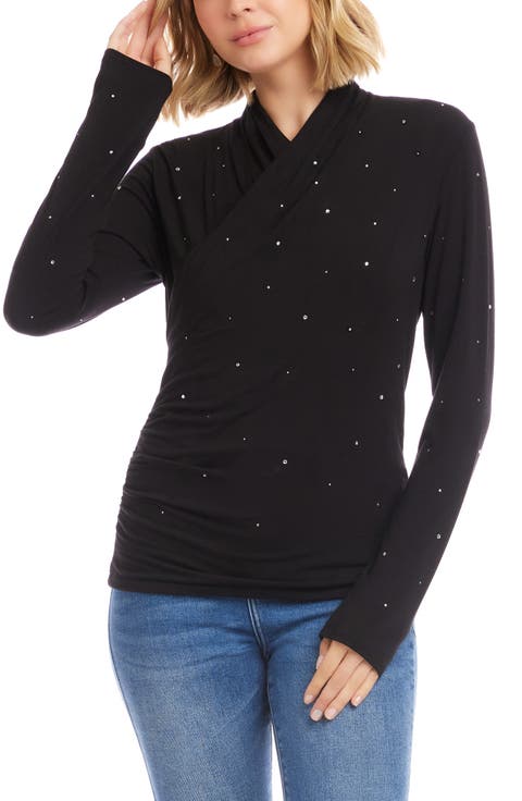 Karen Kane Rhinestone Drape Front Faux Wrap Top (Regular & Petite)