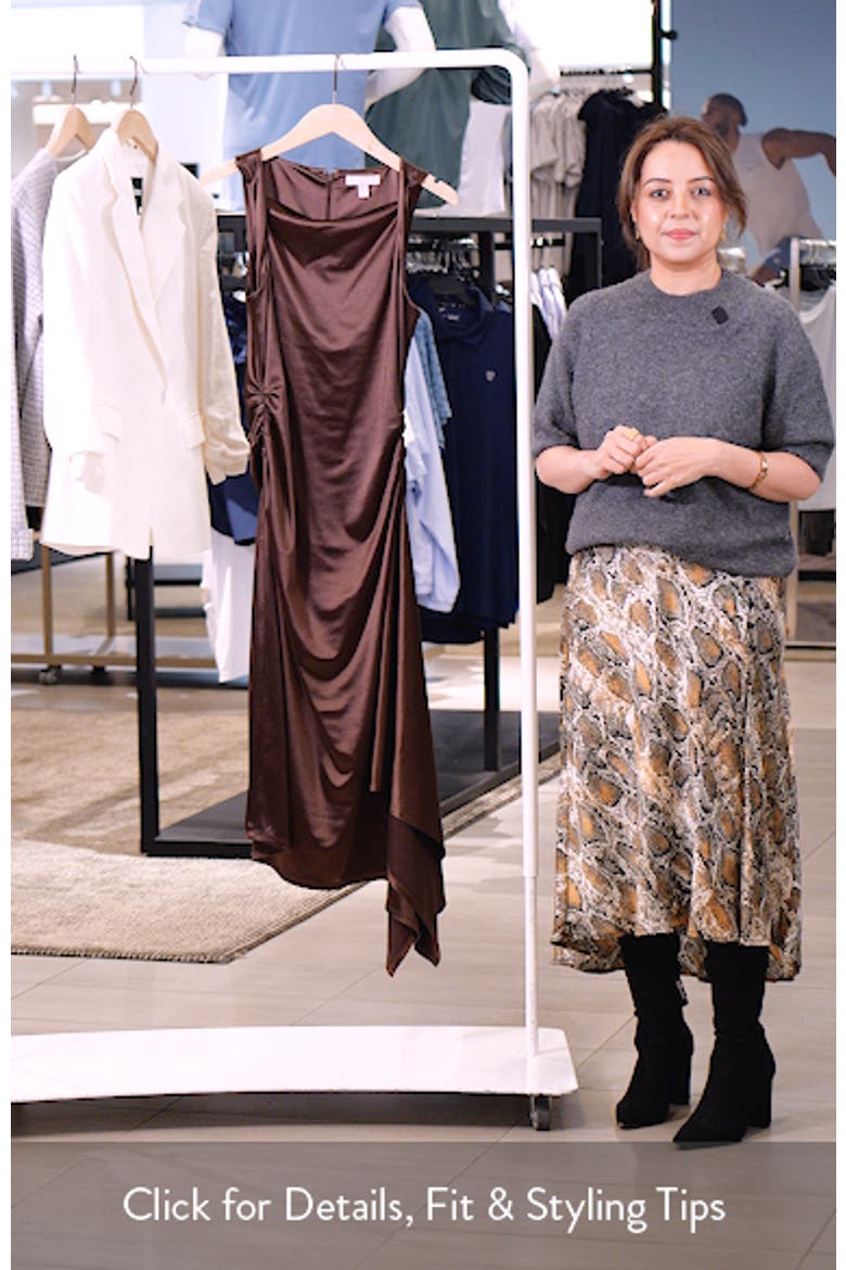 Ruched Asymmetric Satin Midi Dress video